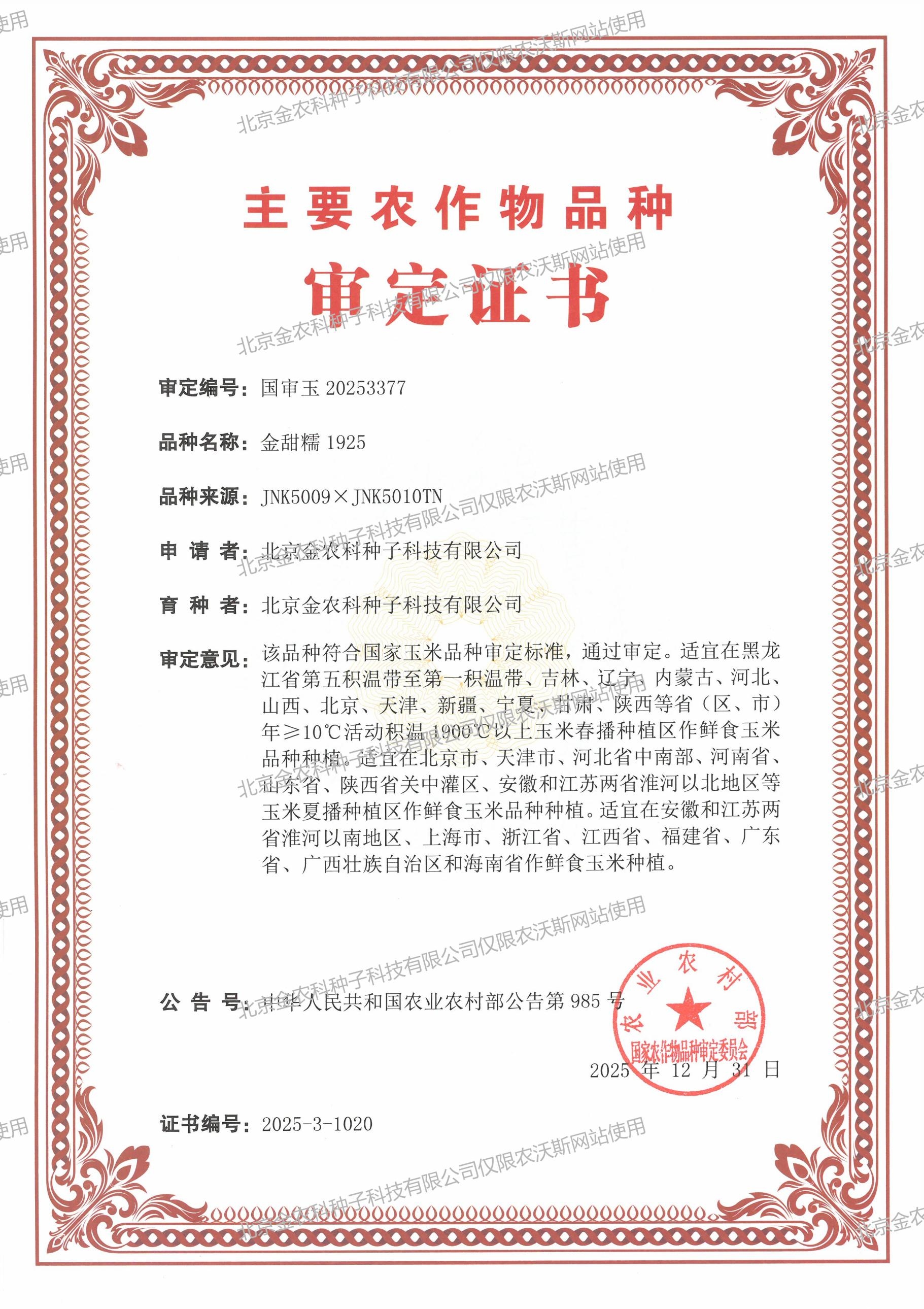 金甜糯1925-国审玉20253377