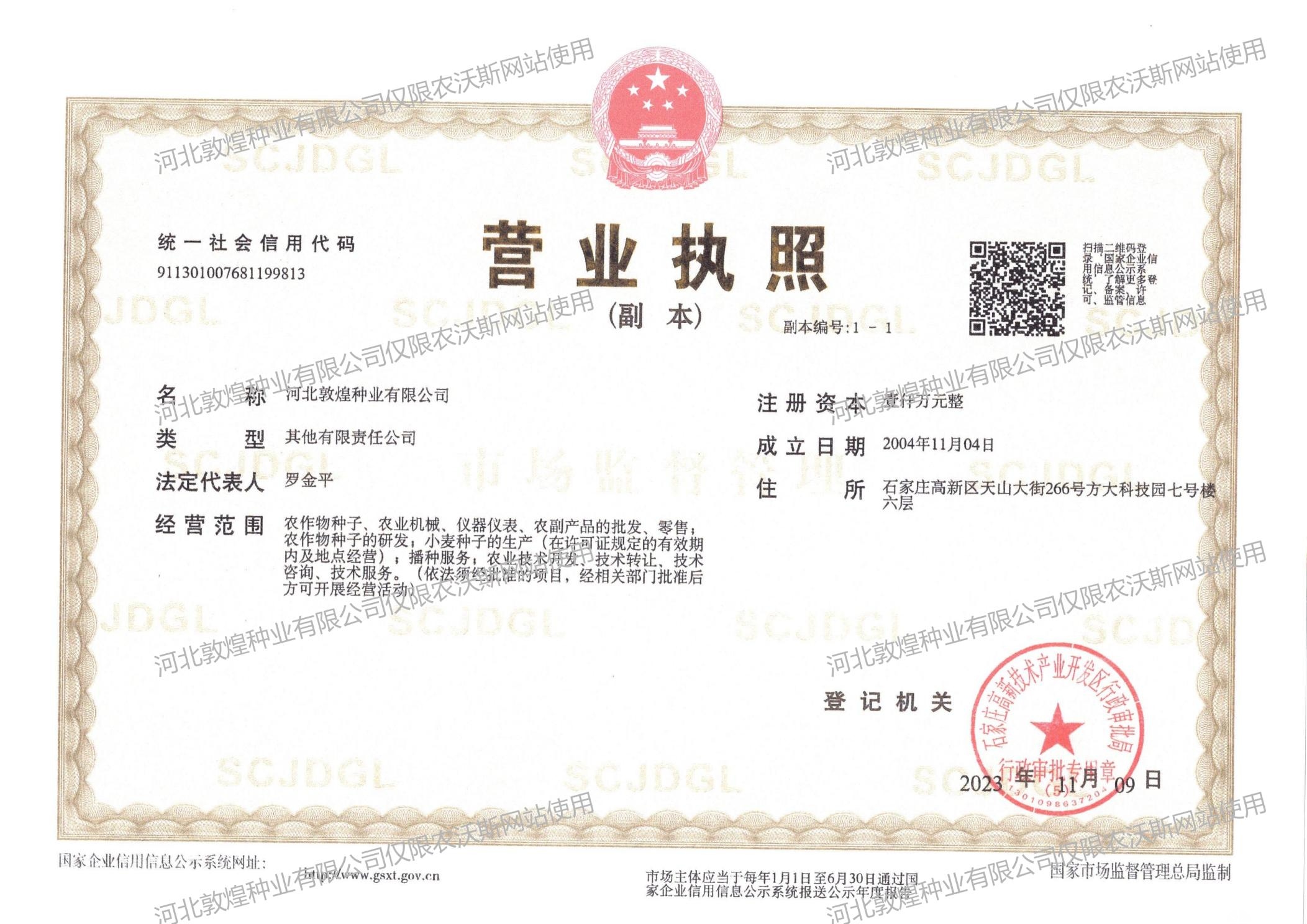 河北敦煌种业营业执照