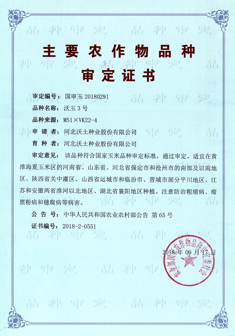 沃玉3号审定证书 沃玉3号审定证书
