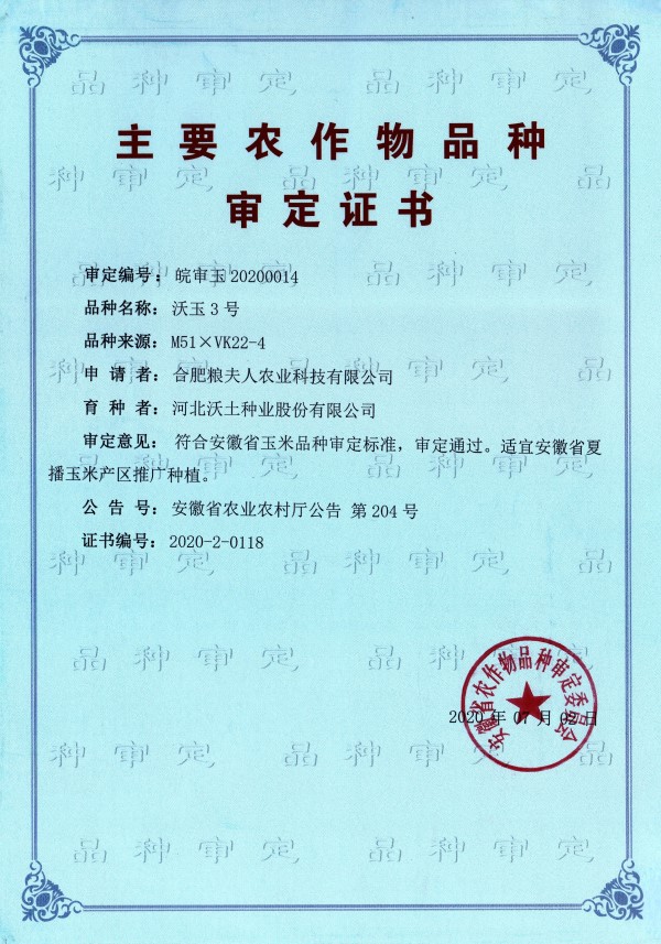 沃玉3号审定证书 沃玉3号审定证书