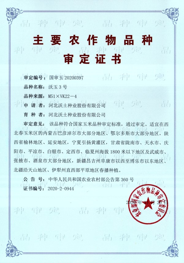 沃玉3号审定证书 沃玉3号审定证书